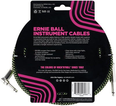 Ernie Ball 25' Braided Straight - Angle Instrument Cable - Black / Green